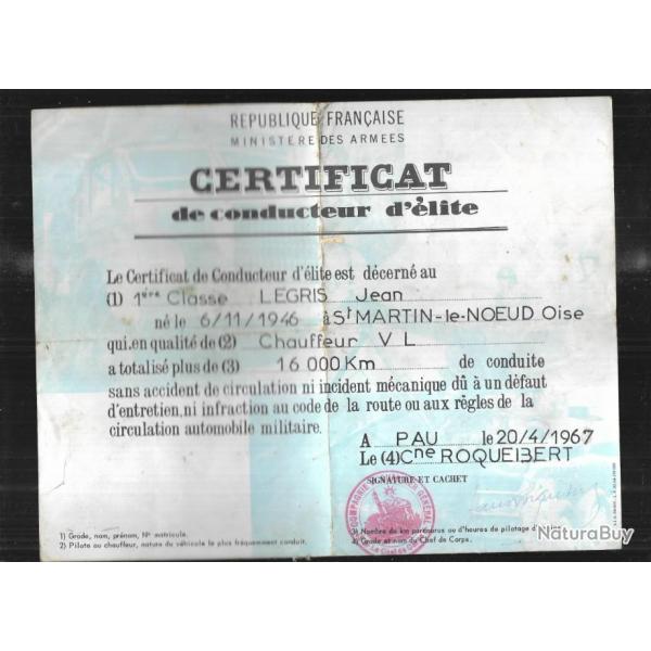 certificat de conducteur d'lite attribu pau 1967 , saint martin le noeud beauvais oise , diplome