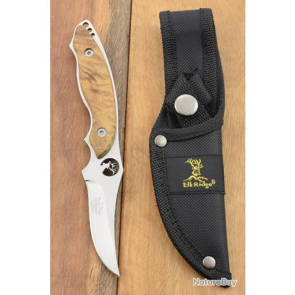 Couteau De Chasse Skinner BushCraft Lame Acier 440 Manche Bois Etui Nylon ER538