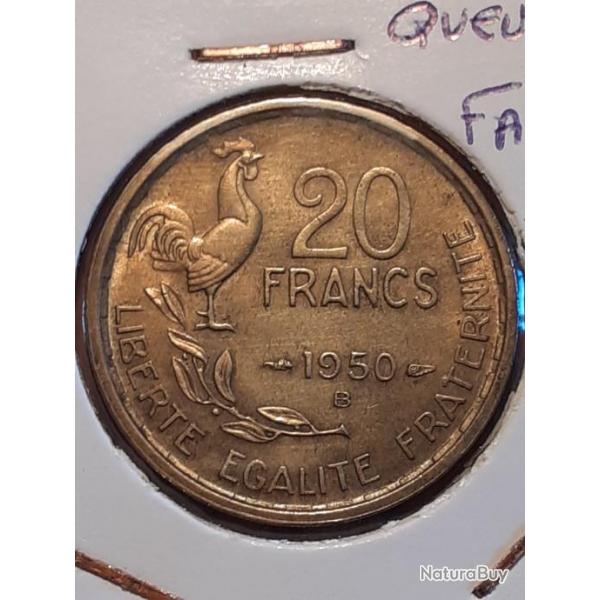 20 francs georges guiraud  1950 B queue  4 faucilles ttb .tres rare