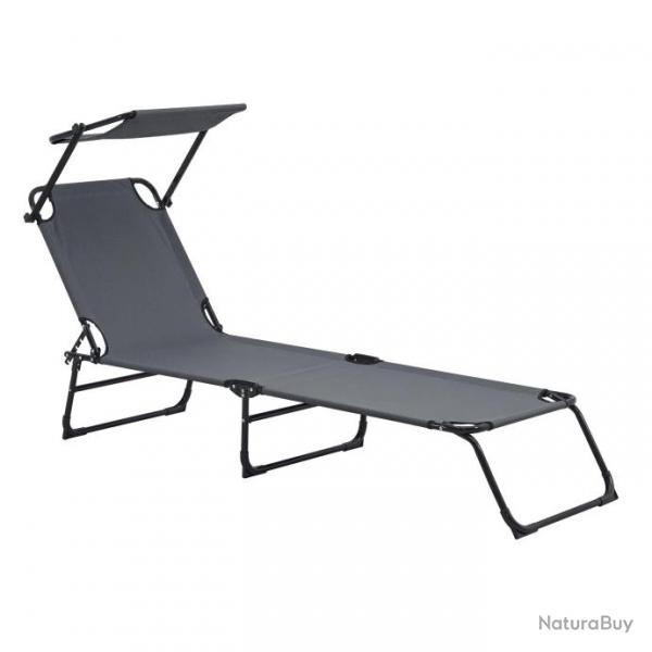 Bain de soleil transat chaise longue pliable avec pare soleil acier pvc polyester 187 cm gris fonc