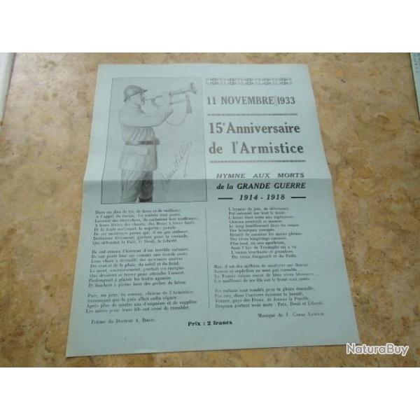 Publicit commmorative Lyon 11 nov 1918 datant 1933 avec clairon de l'Armistice ww1 premire guerre