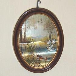 tableau ancien ovale chasse aux canard