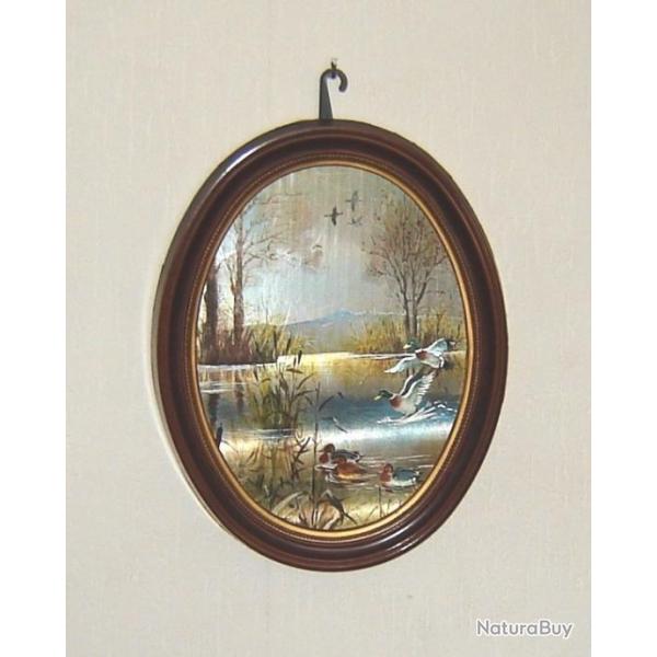 tableau ancien ovale chasse aux canard