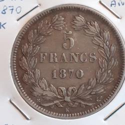 Rare 5 francs argent Cérès 1870 K ancre  sans légende en ttb