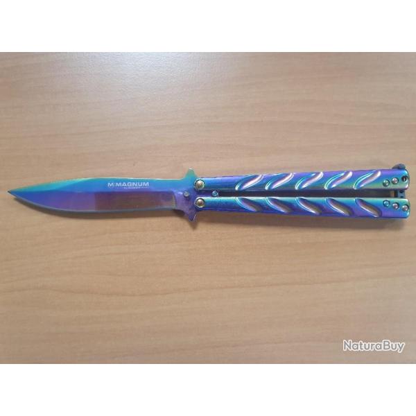 Couteau papillon BOKER MAGNUM Balisong Rainbow - Lame 102mm - Manche acier multicolore