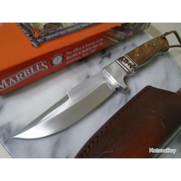 Couteau de Chasse Skinner Marbles Lame Acier Inox Manche Bois/Corne Etui Cuir MR608