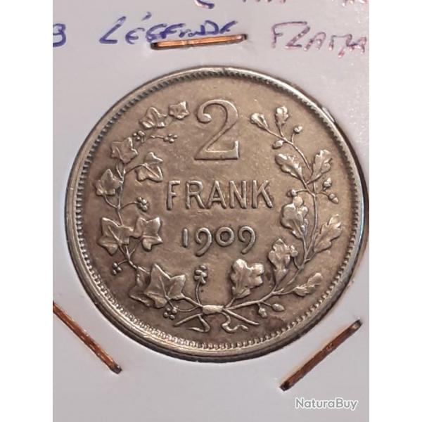 Belgique .2 francs argent 1909 lgende flamande frank en ttb