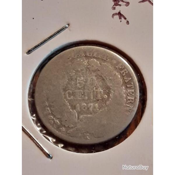 Rare 50 centimes Crs argent 1871 K en b+