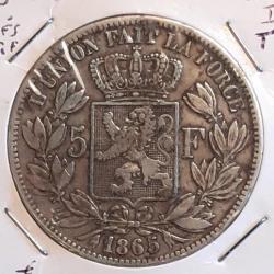 Très rare 5 francs argent Belgique 1865 tranche en relief Léopold II