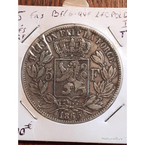 Trs rare 5 francs argent Belgique 1865 tranche en relief Lopold II