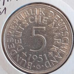 Allemagne. 5 mark argent 1951 G en sup