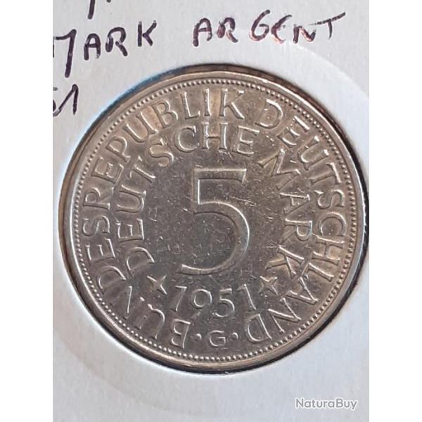 Allemagne. 5 mark argent 1951 G en sup