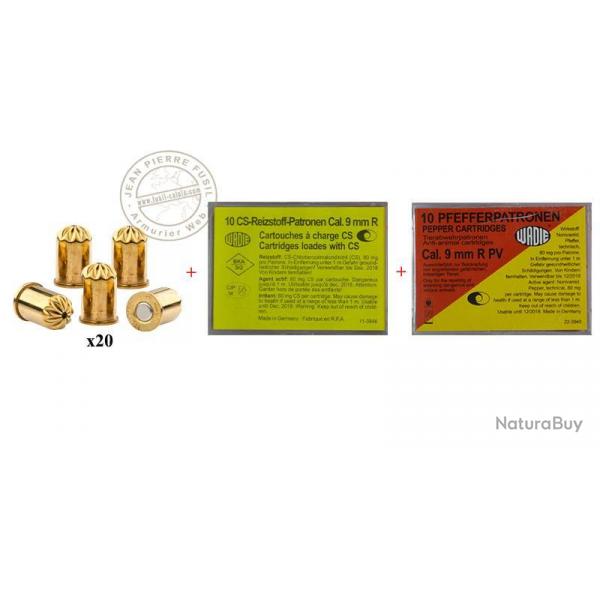 Lot de cartouches pour revolver d'alarme 9mm - 20 cart.  blanc + 10 cart. gaz CS + 10 cart. gaz poi