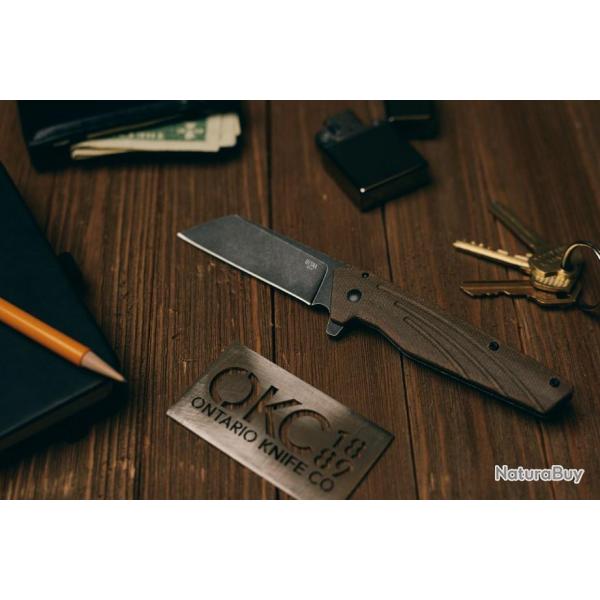 Couteau Ontario Besra Cleaver Lame Acier AUS-8 Manche Micarta/Titane IKBS Framelock Clip ON9000