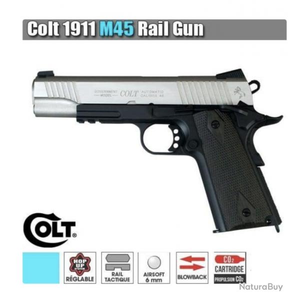 Rplique Airsoft Colt 1911 M45A1 Bicolore Rail Gun Full Metal Co2 1.1J