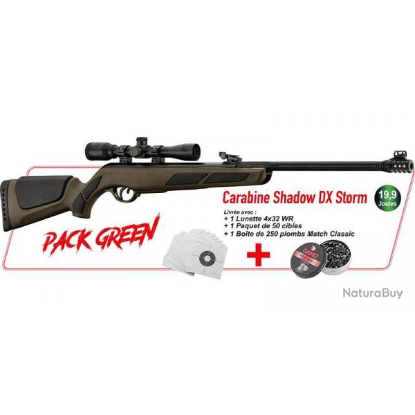 Pack carabine  plomb 4.5 mm GAMO Shadow DX Green Storm (19.9 joules) + lunette 4x32