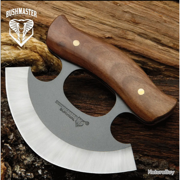 Couteau Bushmaster D'esquimau Ulu Inuit Lame Acier Carbone 1095 Manche Bois Etui Cuir UC3439