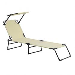 Bain de soleil transat chaise longue pliable avec pare-soleil acier PVC polyester 187 cm crème 03_0