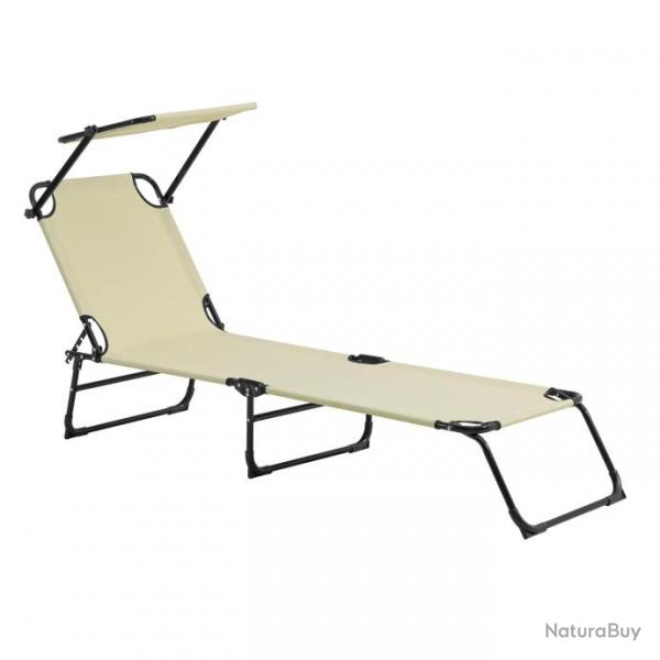 Bain de soleil transat chaise longue pliable avec pare-soleil acier PVC polyester 187 cm crme 03_0