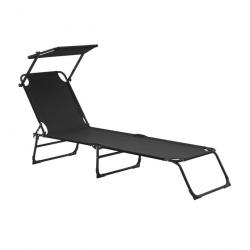 Bain de soleil transat chaise longue pliable avec pare-soleil acier PVC polyester 187 cm noir 03_00