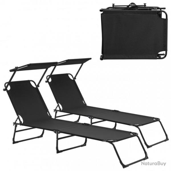 Lot de 2 transats pliable 190 cm avec toiture pare-soleil de relax acier noir 03_0004513