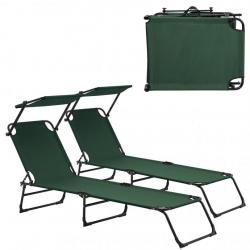 Lot de 2 transats pliable avec toiture pare-soleil de relax acier 190 cm vert foncé 03_0004514