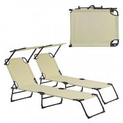 Lot de 2 transats pliable avec toiture pare soleil de relax acier 190 cm crème 03_0004511