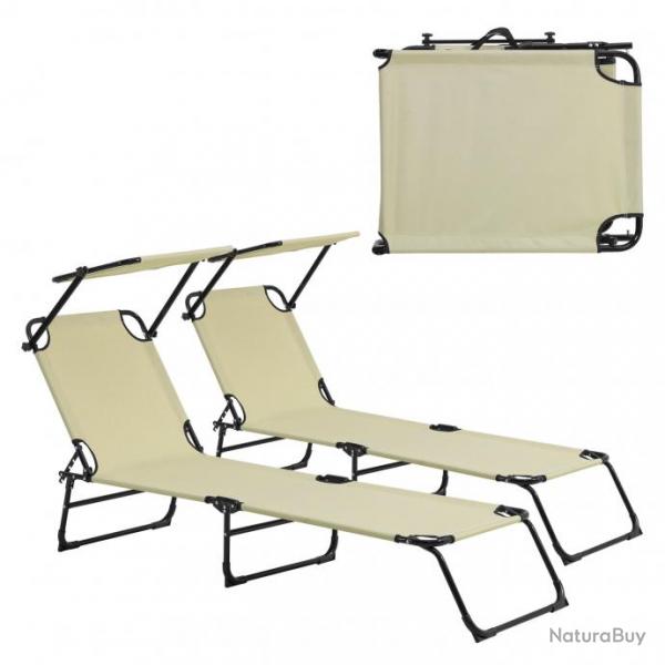 Lot de 2 transats pliable avec toiture pare soleil de relax acier 190 cm crme 03_0004511