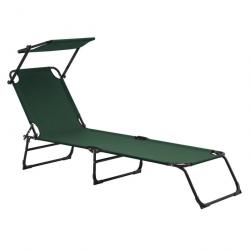 Bain de soleil transat chaise longue pliable avec pare-soleil acier pvc polyester 187 cm gris clair