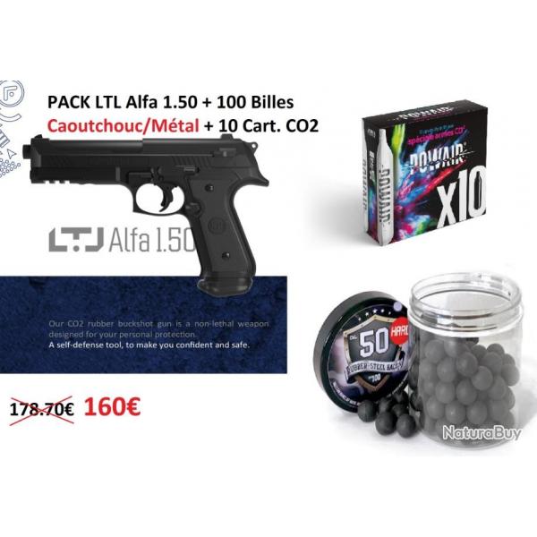 Pistolet de Défense PACK LTL Alfa 1.50 + BILLES CAOUTCHOUC/MÉTAL + CO2