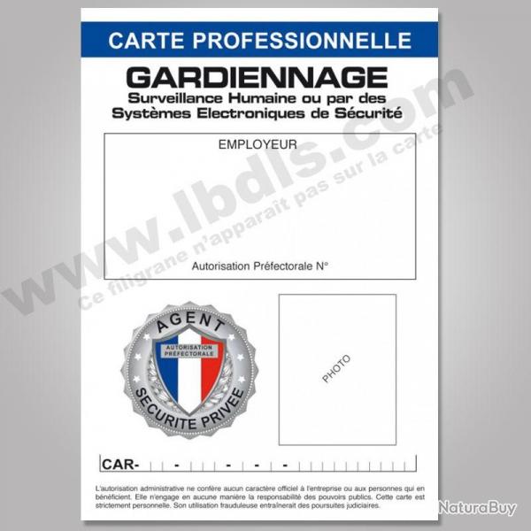 Carte PRO GARDIENNAGE avec n d'identification