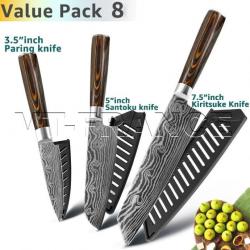 Set Couteau Japonais Cuisine Pro Gyuto Inox Style Damas, Modele: PACK 8.