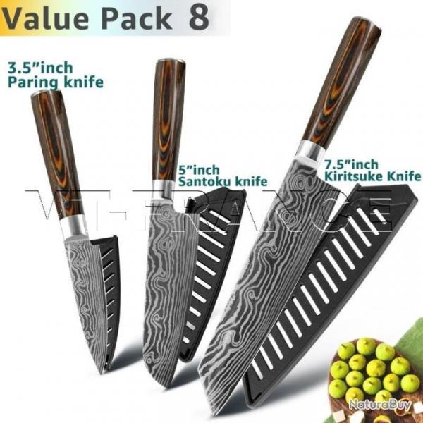 Set Couteau Japonais Cuisine Pro Gyuto Inox Style Damas, Modele: PACK 8.