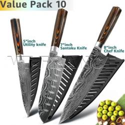 Set Couteau Japonais Cuisine Pro Gyuto Inox Style Damas, Modele: PACK 10.