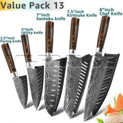 Set Couteau Japonais Cuisine Pro Gyuto Inox Style Damas, Modele: PACK 13.