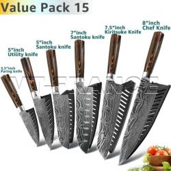 Set Couteau Japonais Cuisine Pro Gyuto Inox Style Damas, Modele: PACK 15.