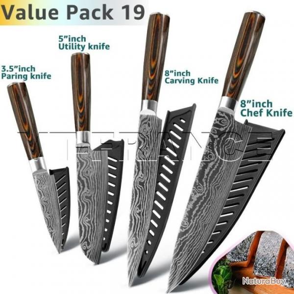 Set Couteau Japonais Cuisine Pro Gyuto Inox Style Damas, Modele: PACK 19