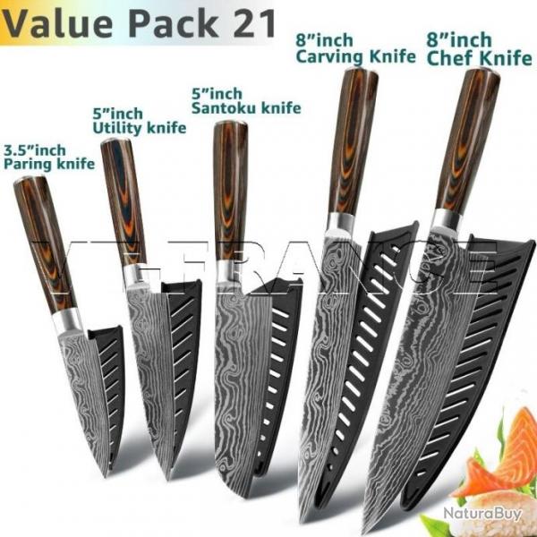 Set Couteau Japonais Cuisine Pro Gyuto Inox Style Damas, Modele: PACK 21