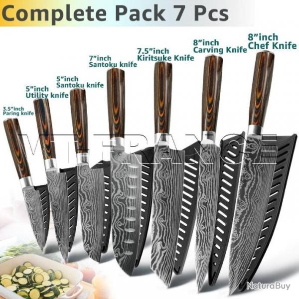 Set Couteau Japonais Cuisine Pro Gyuto Inox Style Damas, Modele: Pack 7pcs