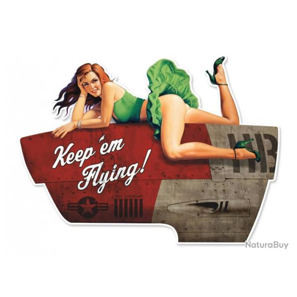 Enseigne plaque vintage 3D / pin up verte Keep em flying
