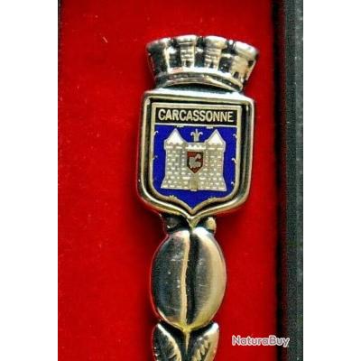 Petite Cuillère à Café Souvenir Carcassonne, Blason Gravé, Métal Argenté, Avec Boîte