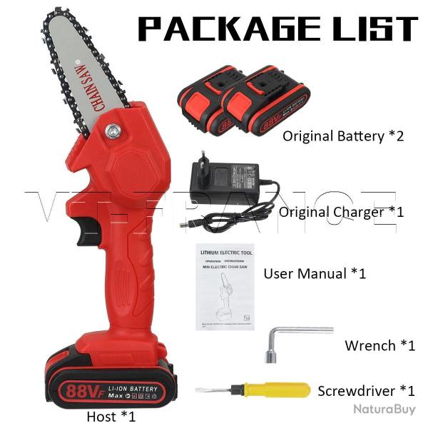 Mini Tronconneuse Electrique Sans Fil PRO 88V, Modele: Rouge 2 Batteries