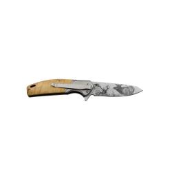 Couteau chasse pliant lame acier inox 8cm manche bois gravé cerf