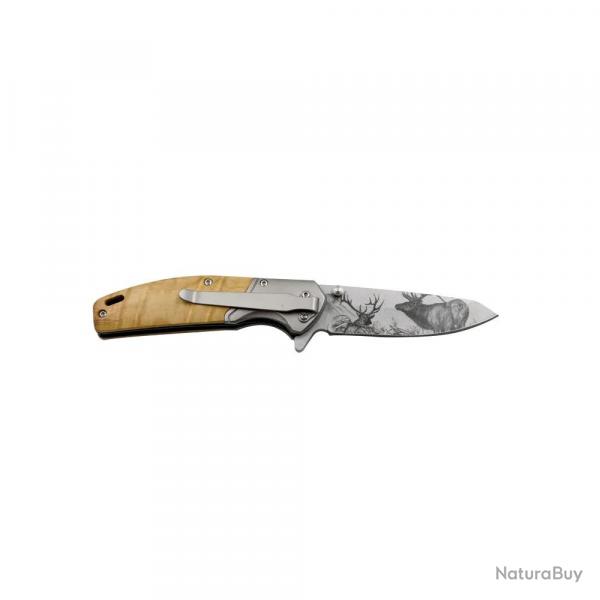 Couteau chasse pliant lame acier inox 8cm manche bois grav cerf
