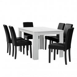 Table à manger blanc mat avec 6 chaises noir cuir synthétique rembourré 140x90 cm 03_0004024