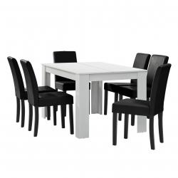 Table à manger blanc mat avec 6 chaises noir cuir synthétique rembourré 140x90 cm 03_0004024