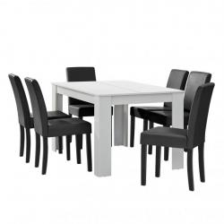 Table à manger blanc mat avec 6 chaises gris foncé cuir synthétique rembourré 140x90 03_0004022