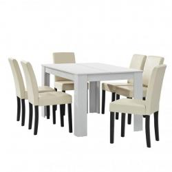 Table à manger blanc mat avec 6 chaises crème cuir-synthétique rembourré 140x90 cm 03_0004020