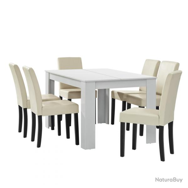 Table à manger blanc mat avec 6 chaises crème cuir-synthétique rembourré 140x90 cm 03_0004020