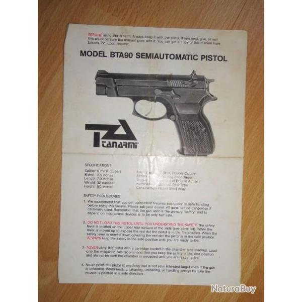 notice origine pistolet TANARMI BTA90 - VENDU PAR JEPERCUTE (a3923)